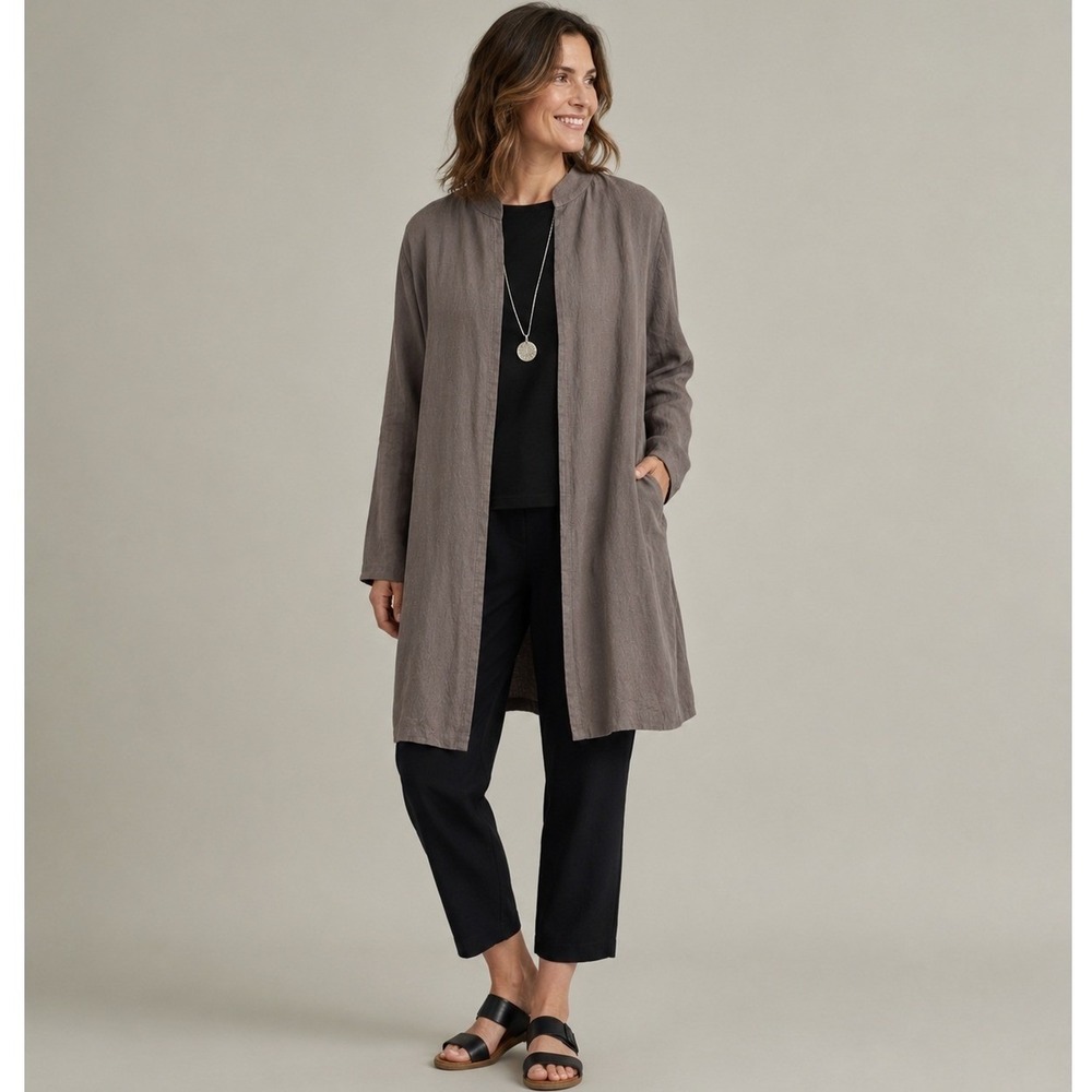 Eileen Fisher Jacket Womens Medium Brown Crinkle Silk Linen Mandarin Collar